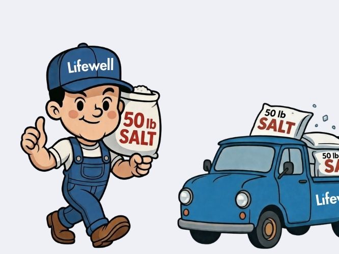 Cartoon character holding a bag of salt with a truck labeled 'Lifewell' in the background.