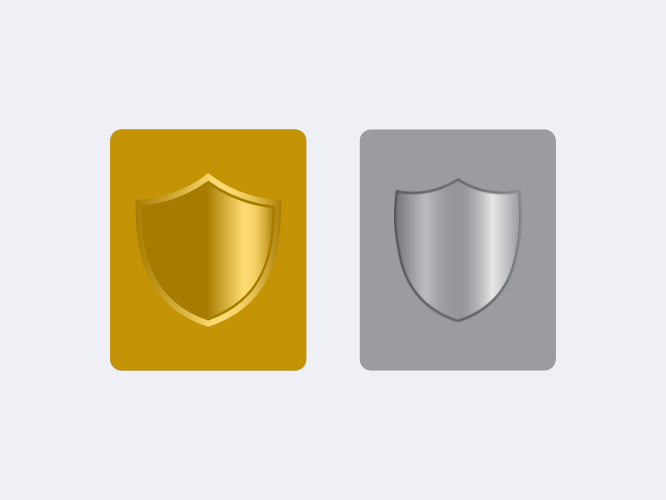 Two shield-shaped icons, one gold and one silver, on a light gray background.