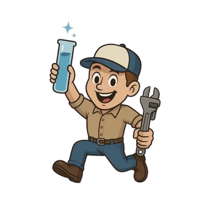 Lifewell Water Solutions mascot holding a water test tube and a wrench