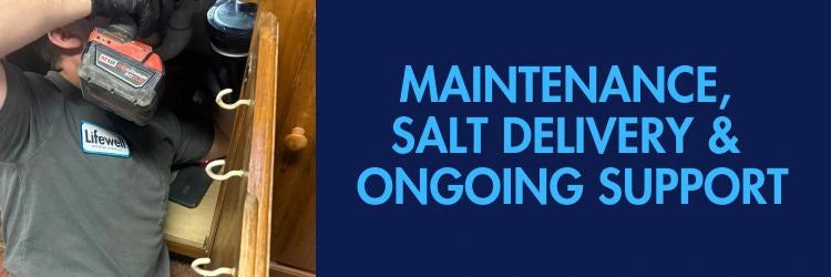 Person using a power tool with text about maintenance, salt delivery, and ongoing support on a blue background